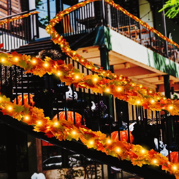 Opehuo Fall Maple Leaves Hanging Rattan with LED Light,Artificial Autumn Maple Garland Hanging Vine Foliage Garland with Hanging Rings for Fireplace Halloween Thanksgiving,68.8",Orange
