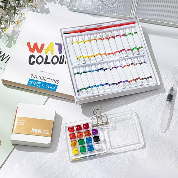 Opehuo Mini Paint Palette Travel Kit-Mini Portable Wooden/Acrylic Grid Paint Box Palette Set with 15-Color Paint Box & 24-color Paint & Drawing Book & Free Water Brush,Acrylic