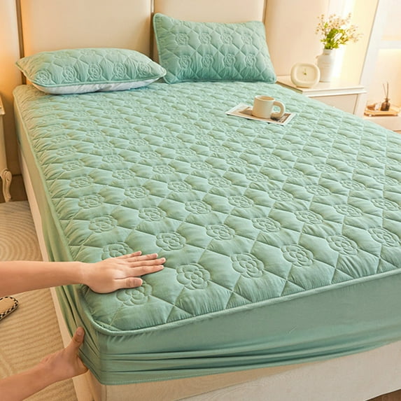 Opehuo Plain Color Waterproof Deep Pocket Bedspreads,Fitted Sheet,Thickened Cotton Padded Breathable Washed Cotton Mattress Protector,Non-Slip Non Pilling Warmth Rose Embossing Bed Cover(Green)