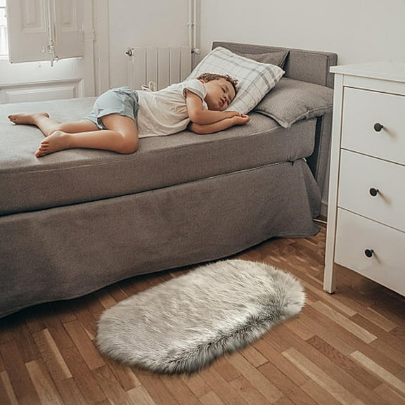 Opehuo Soft Faux Sheepskin Fur Rug,Oval Small Sized Area Cover Rug,Floor Bedside Rugs,Fluffy Washable Rug for Bedroom Luxury Room Decor,Furry Rug for Kitchen Living Room Nursery(Gray)
