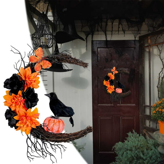 Opehuo Spooky Halloween Wreath-2025 New Black Crow Moon Wreath Door Decor for Indoor Outdoor Party Wall,Unique Gothic Crescent Moon Wreath Design for Halloween Front Door Decor