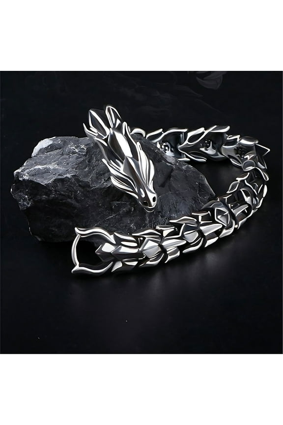 Opehuo Vintage Men's Dragon Bracelet,Silvery Plated Stainless Steel Dragon Link Chain Bracelet,Dragon Head Bone Form Heavy Metal Link Bracelet For Men Valentine's Day Gift(20cm)