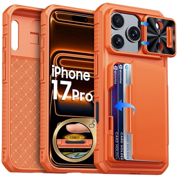 Oupeigar for iPhone 17 Pro Phone Case with [Cards Holder][RFID Blocking][Camera Cover]Rugged Shockproof Silicone Protective Case-Orange