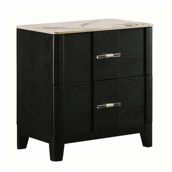 Opel Modern Nightstand with Sintered Stone Top & Smooth Drawer Glides in Black