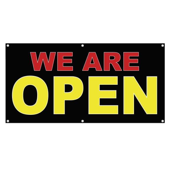 We Are Open 13 oz Heavy Duty Vinyl Banner Indoor/Outdoor We Are Open Sign for Business, Storefront, Advertising Multiple Sizes & Colors Single-Sided with Metal Grommets (1.5x5 ft, Bk & Re & Ye)