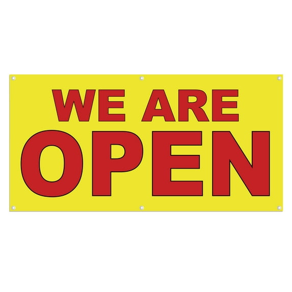 We Are Open 13 oz Heavy Duty Vinyl Banner Indoor/Outdoor We Are Open Sign for Business, Storefront, Advertising Multiple Sizes & Colors Single-Sided with Metal Grommets (2x5 ft, Ye & Re)