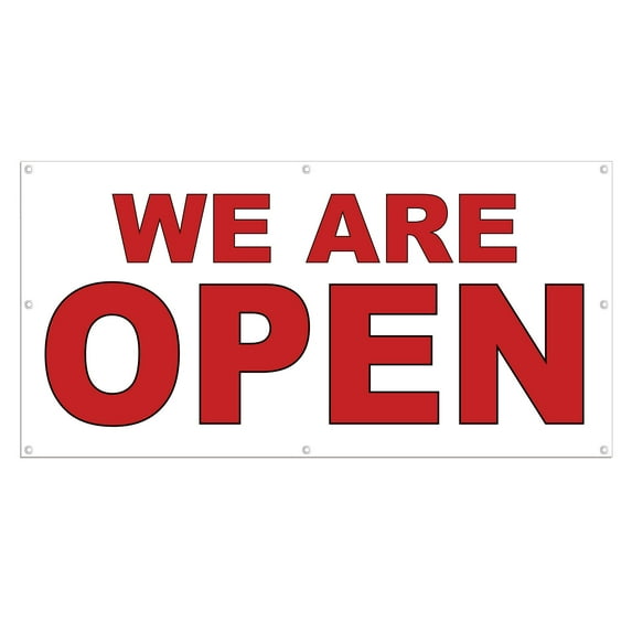 We Are Open 13 oz Heavy Duty Vinyl Banner Indoor/Outdoor We Are Open Sign for Business, Storefront, Advertising Multiple Sizes & Colors Single-Sided with Metal Grommets (4x6 ft, Wh & Re)