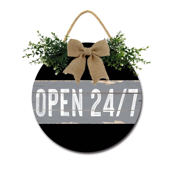 Open 24/7 Sign Farmhouse Wood Sign Front Porch Decor Rustic Wooden Sign Wall Decor Hanging Wooden Decorations with Bow-Knot for Home Porch Wall Door, 11 x 11 inch