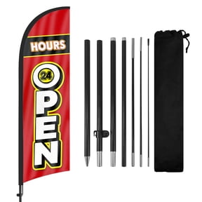 Open 24 Hours Advertising Swooper Flags Banners, Open 24 Hours Feather Flags with Poles and Ground Stake, 8FT Advertising Feather Flags Sign for Open 24 Hours Business
