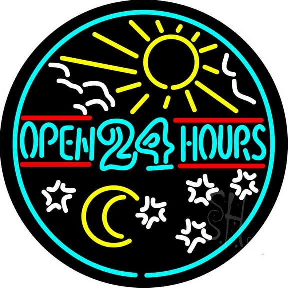 Open 24 Hours LED Neon Sign 18 x 18 - inches, Clear Edge Cut Acrylic Backing, with Dimmer - Bright and Premium built indoor LED Neon Sign for storefront.