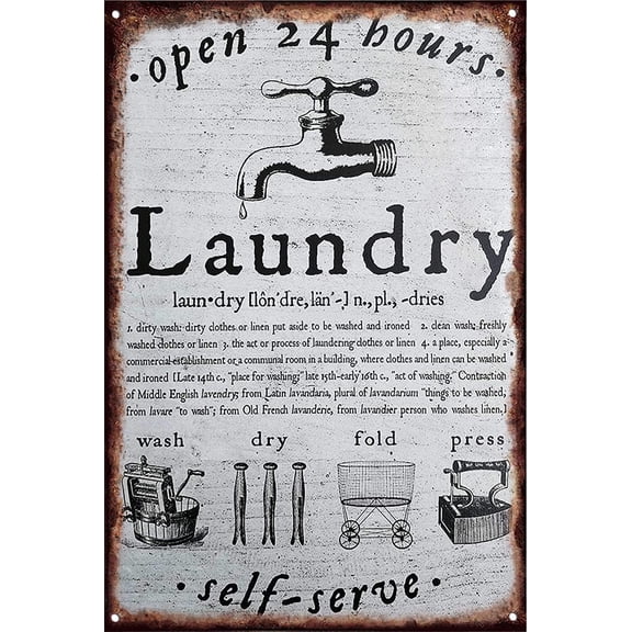 Open 24 Hours Laundry Self Servic Vintage Metal Sign Home Bathroom Washroom Laundry Signs Country Home Decor 8x12 Inch For Women Wives Girlfriends Daughters Birthdays Housewarming Gifts
