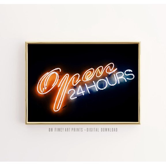 Open 24 Hours Neon Sign Kitchen Retro Poster Unframed Paper Print