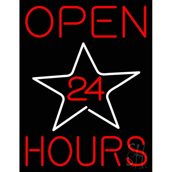 Open 24 Hours Star LED Neon Sign 31 " Tall x 24 " Wide - inches Black Square Cut Acrylic Backing, with Dimmer - Bright and Premium built indoor LED Neon Sign for Storefront.
