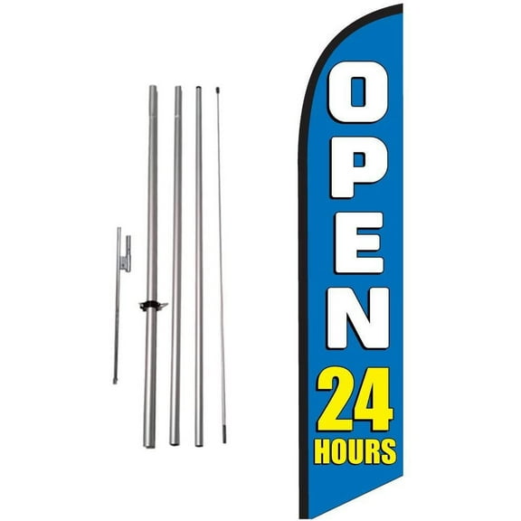 Open 24 Hours blue 15ft Feather Banner Swooper Flag Kit - INCLUDES 15FT POLE KIT w/GROUND SPIKE
