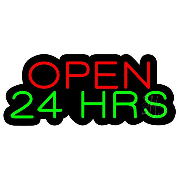 Open 24 Hrs Contoured Black Backing LED Neon Sign 10 x 24 - inches, Clear Edge Cut Acrylic Backing, with Dimmer - Bright and Premium built indoor LED Neon Sign for storefront.