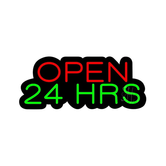 Open 24 Hrs Contoured Black Backing LED Neon Sign 6 x 15 - inches, Clear Edge Cut Acrylic Backing, with Dimmer - Bright and Premium built indoor LED Neon Sign for storefront.