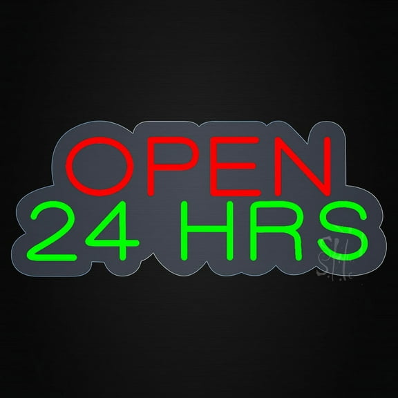 Open 24 Hrs Contoured Clear Backing LED Neon Sign 10 x 24 - inches, Clear Edge Cut Acrylic Backing, with Dimmer - Bright and Premium built indoor LED Neon Sign for storefront.