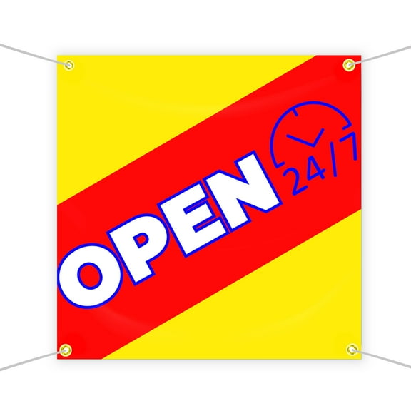 Open 24x7 Large Banners and Signs for Outdoor by DreamController-Polyester Banner with 4 Holes for Easy Hang Indoor & Outdoor|4x4 Feet HD Banner to Promote Business Opening| Made in USA