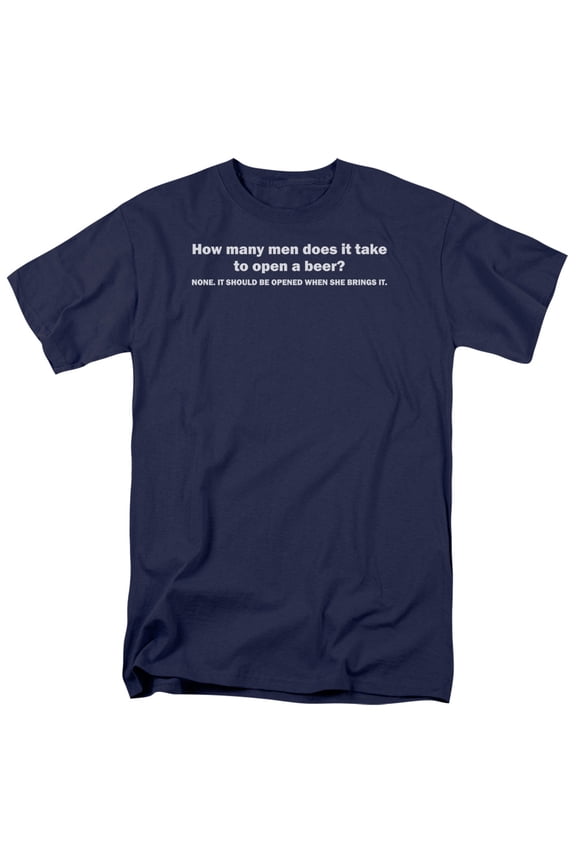 how many men does it take to open a beer? humorous funny saying adult t-shirt