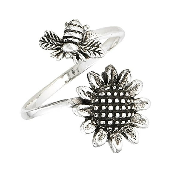 Open Adjustable Bee Sunflower Flower Thumb Ring Sterling Silver Band 925 Jewelry Female Male Size 8