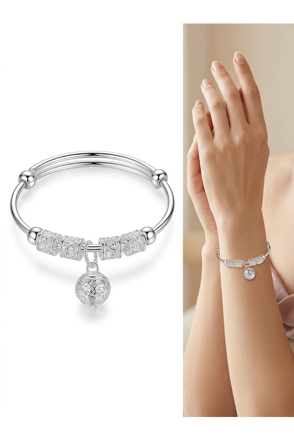 Open Adjustable Slide Bangle Bracelet, Silver Tone Hollow Floral Bead Bell Charm Bracelet for Women