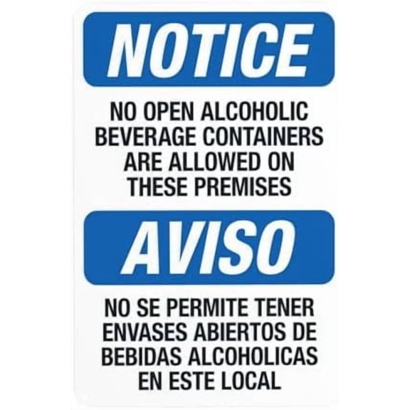 No Open Alcoholic Beverage Containers Are Allowed On These Premises Bilingual Warning Sign, Prohibition Security Metal Signs for Business Home Wall Safety Caution Custom Decor 8 x 12 Inch