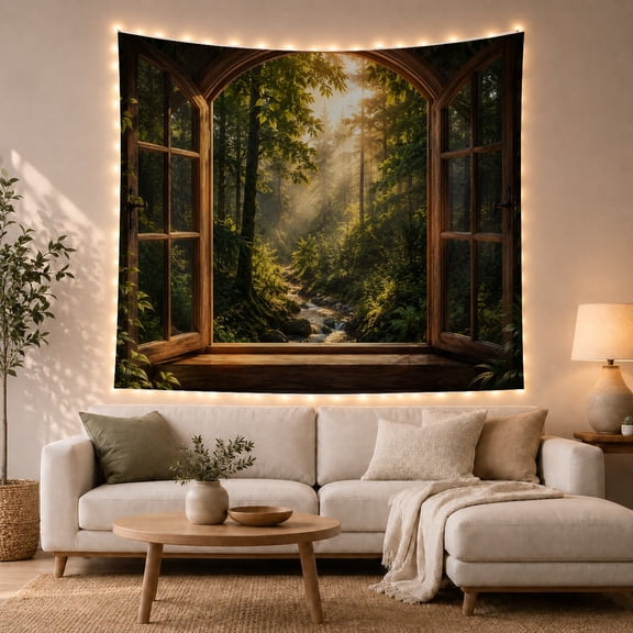 Open Arched Window Onto a Sunlit Forest Stream, Serene Fantasy for Nature Lovers, Woodland Stream Decor, Housewarming Gift, Tapestry Wall Hanging for Bedroom and Living Room