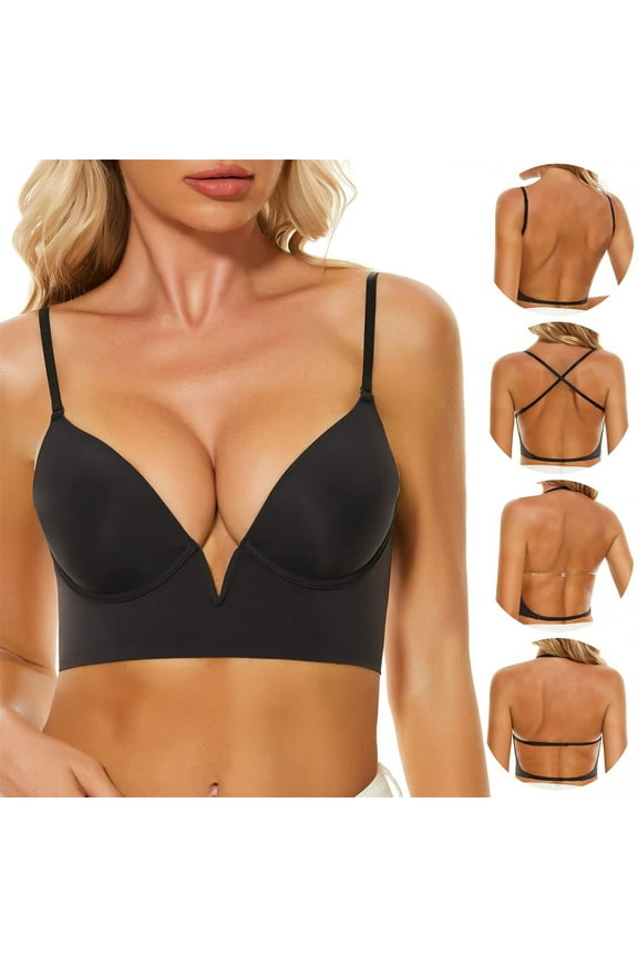 Open Back Bras For Backless Dress Strapless Bras For Women-Seamless Lightly Lined Invisible Backless Bra-Underwire Plunge Multiway Low Cut Deep-V Halter Bras Birthday Gifts Black,38