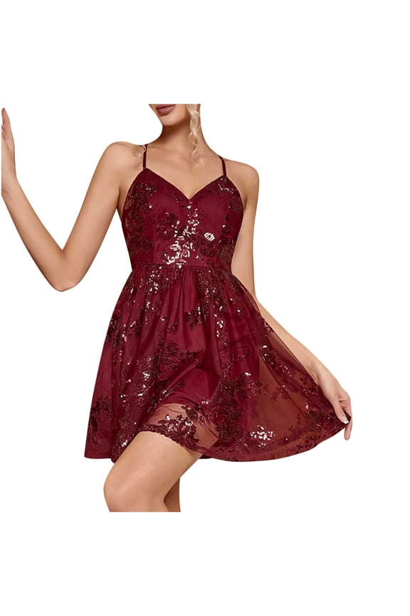 Open Back Dress for Women Cross-Criss Tie Glitter Sparkly Swing Dress Spaghetti Strap Vacation Cocktail Formal Wear Wine L