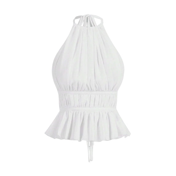 Open Back Halter Tops for Women Backless Ruched Ruffle Crop Tops Smocked Y2K Going Out Camisoles White M