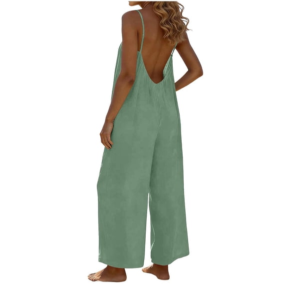 Open Back Jumpsuits for Women Sleeveless Adjust Spaghetti Strap Jumpsuit Boho Wide Leg Rompers with Pocket Loose Fit Full Length Jumpsuits 2026 Summer Outfits Beach Vacation Clothes