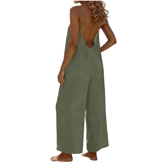 Open Back Jumpsuits for Women Sleeveless Adjust Spaghetti Strap Jumpsuit Boho Wide Leg Rompers with Pocket Loose Fit Full Length Jumpsuits 2026 Summer Outfits Beach Vacation Clothes