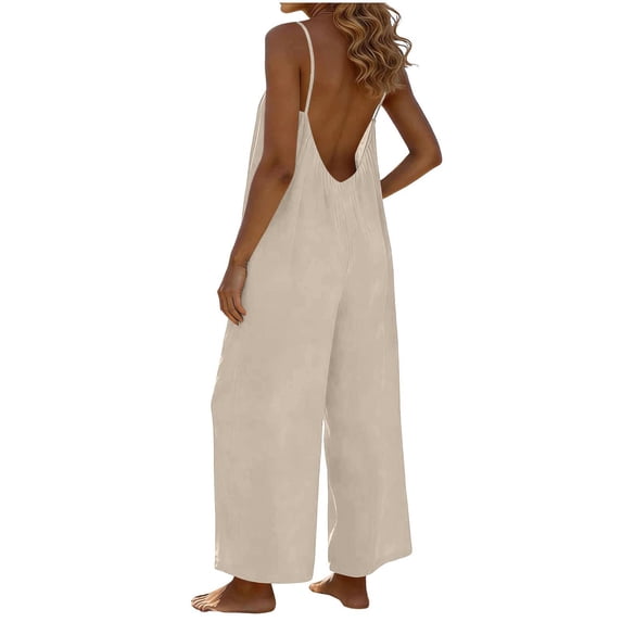 Open Back Jumpsuits for Women Sleeveless Adjust Spaghetti Strap Jumpsuit Boho Wide Leg Rompers with Pocket Loose Fit Full Length Jumpsuits 2026 Summer Outfits Beach Vacation Clothes
