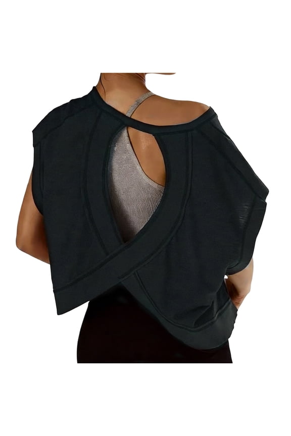 Open Back Shirts for Women Open Back Short Sleeve Athletic Shirt Slouchy Crop Running Tees for Pilates