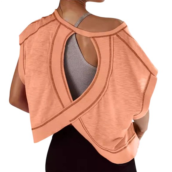 Open Back Shirts for Women Open Back Short Sleeve Yoga Shirts Slouchy Crop Top Casual Running Tees for Pilates