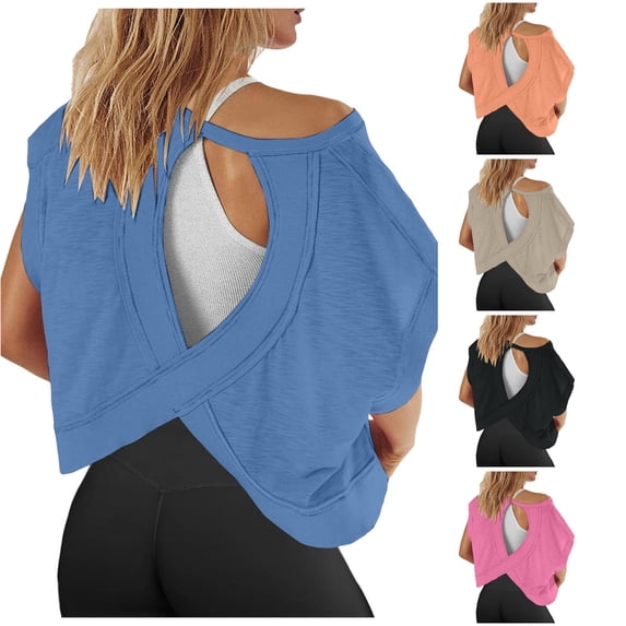 Open Back Short Sleeve Workout T-Shirt for Women Casual Yoga Athletic Top Breathable Lightweight Gym Tee