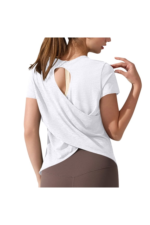 Open Back Slub Workout T Shirt for Woman Ultra Light Sheer Quick Dry Athletic Tee Yoga Running Layering Tops White