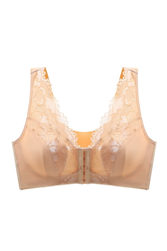 Open Back Sports Bra Women Bras Plus Size Front Buckle Lace Comfortable Solid No Underwire Bras Underwear V-Neck Convertible Bra Feature Front Snap Closure Soft Bra Style Y-523 , Beige 100C