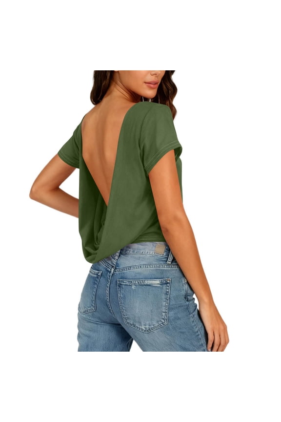 Open Back T Shirts for Women Workout Casual Short Sleeve Shirt Round Neck Backless Cropped Tee Tops Green S