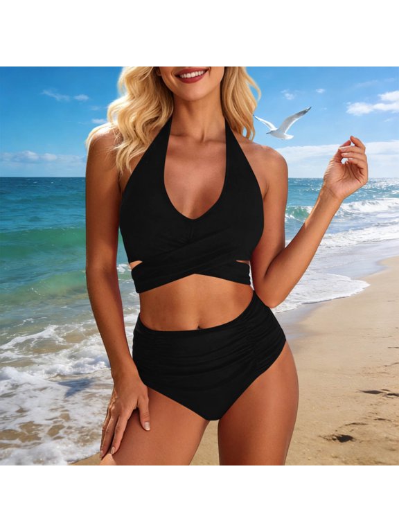 Open Back Tankini Swimsuit for Women Conservative Padded Athletic Two Piece Bathing Suit with Triangle Bottoms Black S