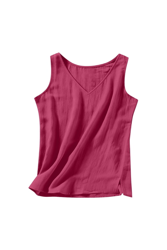 Open Back Tops For Women Fashion Spring Summer Solid Color Side Split V-Neck Crop Top with Shaping Hot Pink L
