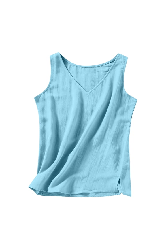 Open Back Tops For Women Fashion Spring Summer Solid Color Side Split V-Neck Crop Top with Shaping Light Blue M