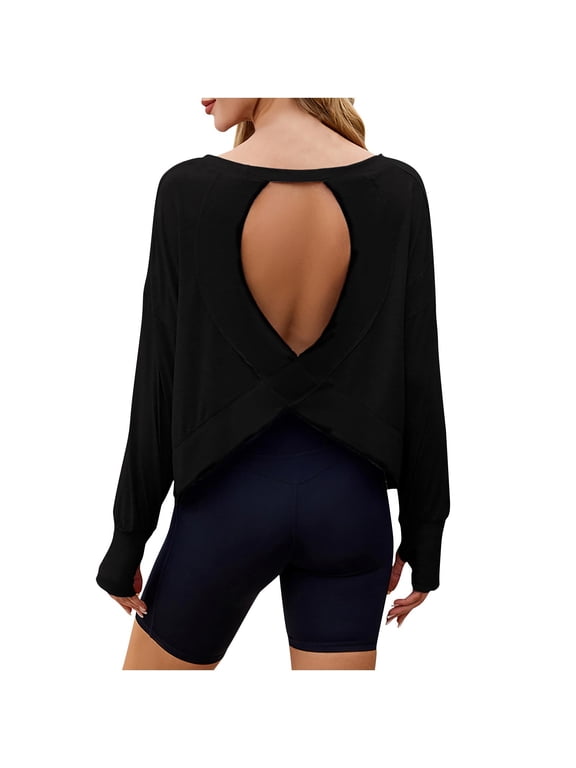 Open Back Workout Tops for Women Long Sleeve Cropped Athletic Clothes Gym Running Yoga Low Impact Sports T Shirts