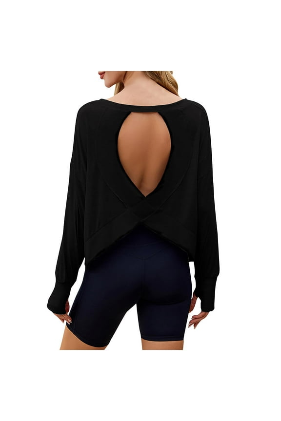 Open Back Workout Tops for Women Long Sleeve Cropped Athletic Clothes Gym Running Yoga Low Impact Sports T Shirts