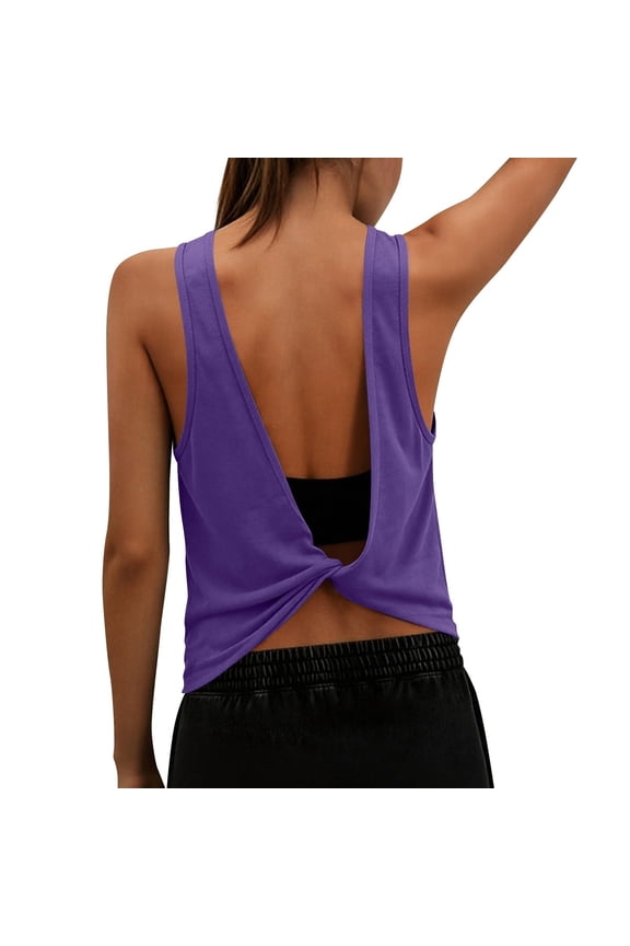 Open Back Workout Tank Tops for Women Backless Sleeveless Athletic Running T Shirts Basic Cami Shirts Wide Strap Open Back Twist Knot Cropped Pullover Vest Yoga Going Out Gym Clothes Purple M