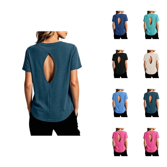 Open Back Workout Tops for Women 2026 Summer Short Sleeve Crewneck Athletic Gym Shirts Yoga Pilates Outfits