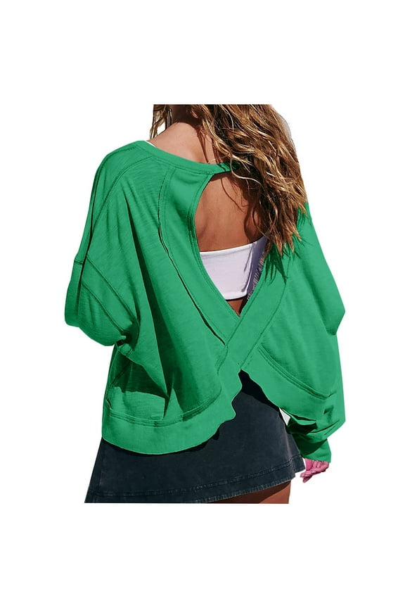 Open Back Workout Tops for Women Long Sleeve Cropped Athletic Clothes Gym Running Yoga Low Impact Sports T Shirts