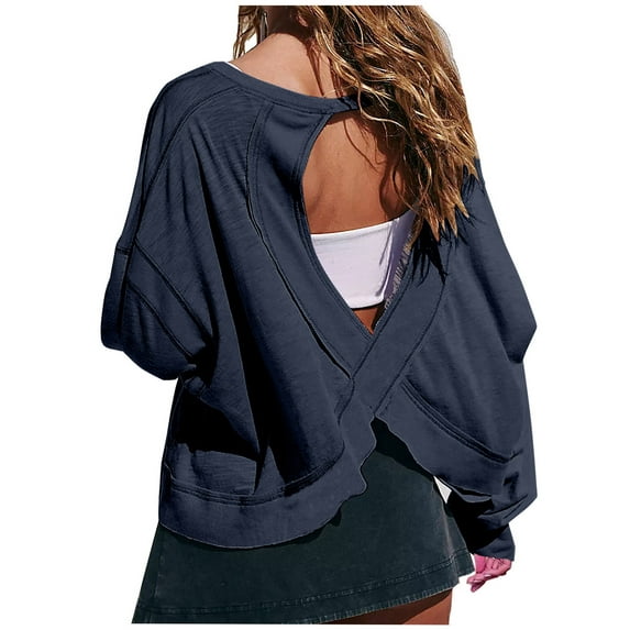 Open Back Workout Tops for Women Long Sleeve Cropped Athletic Clothes Gym Running Yoga Low Sports T Shirts