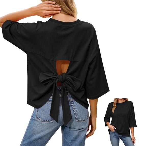Open Back Workout Tops for Women Loose Fit Athletic Crop Tee Short Sleeve Gym Running Yoga Shirt Black XL