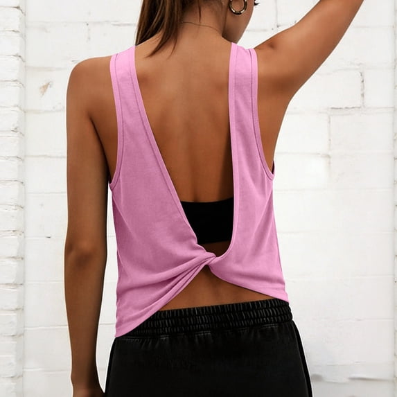Open Back Workout Tops for Women Loose Fit Halter Backless Tank Top Crop Twist Low Back Cami for Gym&Workwear(Pink,XL)